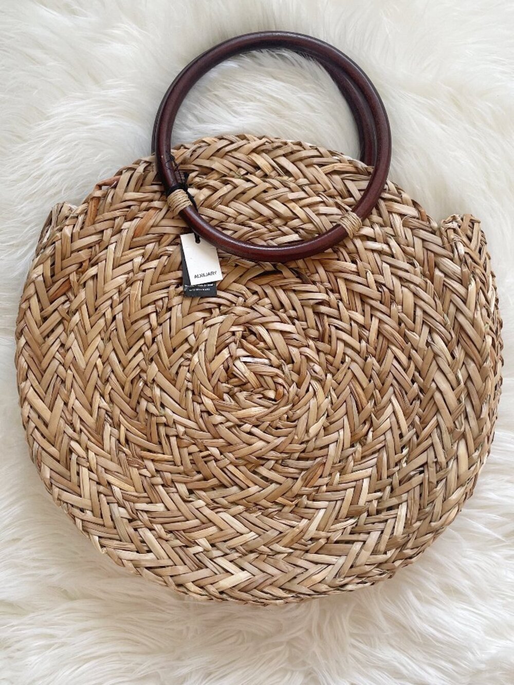 NEW Aritzia Auxiliary Brown Tan Straw Wicker Circular Design Wooden Handle Bag